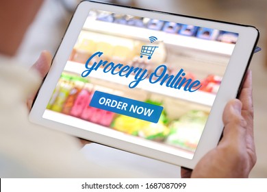 Grocery online shop to order food delivery from supermarket, Senior man hands using digital tablet for shopping grocery store online, electronic marketing, e commerce business concept - Powered by Shutterstock