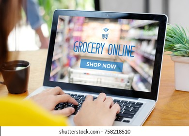 Grocery Online Shop To Order Food Delivery From Supermarket, Woman Hands Using Laptop Computer For Shopping Grocery Store Online, Electronic Marketing, E Commerce Business Concept