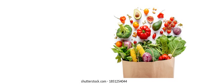 
Grocery Package With Vegetables And Cereals On A White Background. Healthy Food Concept, Vegan Concept. Banner.