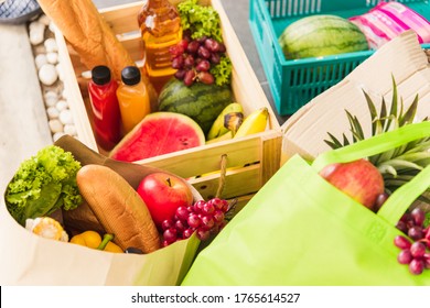 Grocery Service Giving Fresh Vegetables And Fruits And Food In Green Cloth Bag And Wooden Basket On The Back Car Ready Delivery To Send Woman Customer