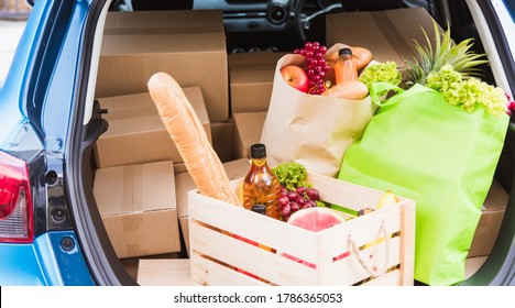 Grocery Service Giving Fresh Vegetables And Fruits And Food In Green Cloth Bag And Wooden Basket On The Back Car Ready Delivery To Send Woman Customer