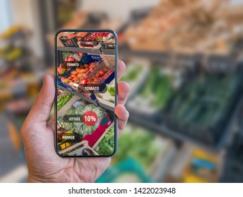 Grocery Shopping App With Retail AR (Augmented Reality) With Name Tags Of Vegetables.