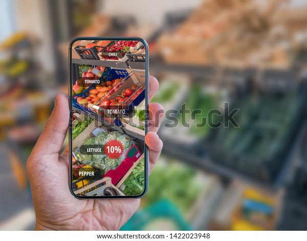 Grocery Shopping App with Retail AR\
(Augmented Reality) with name tags of\
vegetables.