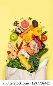 Grocery Shopping Concept - Meat, Fish, Fruits And Vegetables With Shopping Bag, Top View