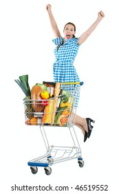 Grocery Shopping With A Happy Young Woman And A Trolly Full Of Fresh Groceries.