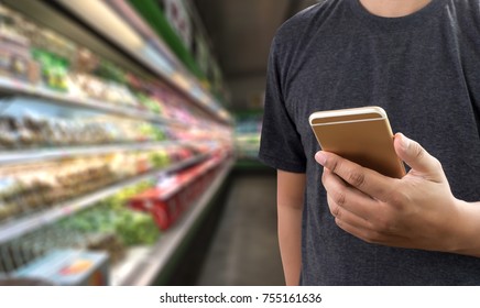 Grocery Shopping At Upermarket Mall Grocery Store Vegetable  Healthy Food Smart Phone Online Supermarket