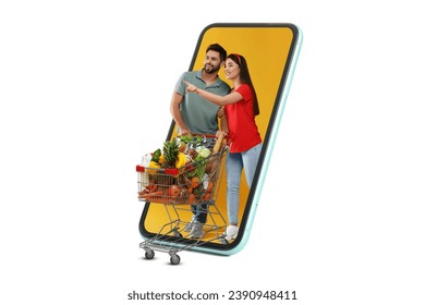 Grocery shopping via internet. Happy couple with shopping cart full of products walking out of huge smartphone on white background - Powered by Shutterstock