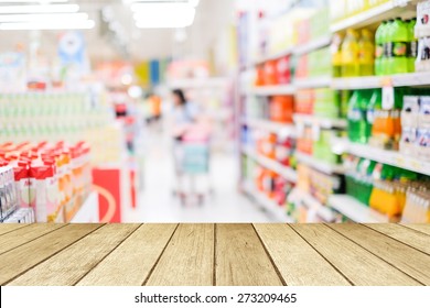 Grocery Store Background, Perspective Wood Over Blur Supermarket With Bokeh Background, Wooden Table Top, Counter And Blurred Product Shelves With Customer Banner,  Display Mock Up, Template Backdrop