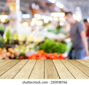 Grocery Store Background, Supermarket Shop With Vegetable And Fruit, Table, Counter Over Blur Market With People And Bokeh Light Background, Food And Product Display Mockup, Template, Banner