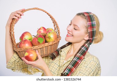 Grocery Store. Perfect Apple. Start Apple Diet. Woman Likes Natural Fruits. Farmer Gardener Apple Harvest. Girl Gardener Rustic Style Hold Apple White Background. Health Care And Vitamin Nutrition.