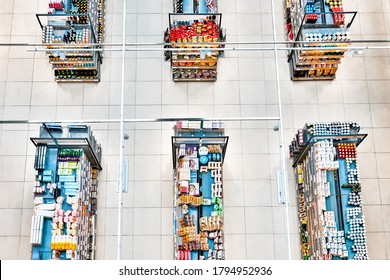 Grocery Store Supermarket Interior. Top Down View Of Market Shelves With Variety Of Food Goods. Inside Of Local Shop. Various Products And Drinks View From Above In Mall In Moscow Russia On July 2020