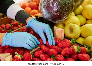 A Grocery Worker Wearing Blue Latex Gloves And Putting Fresh Strawberries In A Box