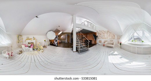 GRODNO, BELARUS - APRIL 04, 2016: Full 360 By 180 Degree Seamless Panorama In Equirectangular Spherical Projection. 360 Panorama In Interier White Loft Room Photo Studio Of Daylight Decoration Zone