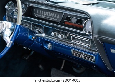 Grodno, Belarus August 20, 2022: Blue Retro Cadillac Interior.