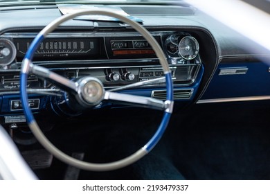 Grodno, Belarus August 20, 2022: Blue Retro Cadillac Interior.