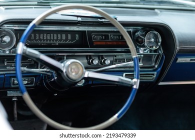 Grodno, Belarus August 20, 2022: Blue Retro Cadillac Interior.