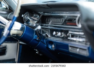 Grodno, Belarus August 20, 2022: Blue Retro Cadillac Interior.