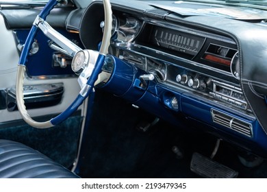 Grodno, Belarus August 20, 2022: Blue Retro Cadillac Interior.