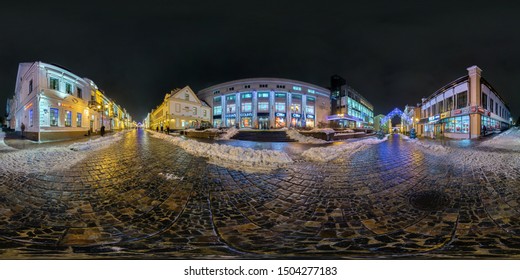 GRODNO, BELARUS - DECEMBER 2018: Full Seamless Night Hdri Panorama 360 Degrees Angle View On Night Street With Illuminations On New Year In Equirectangular Projection, Ready For VR AR Virtual Reality