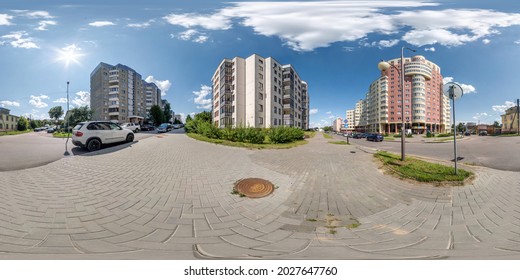 GRODNO, BELARUS - JULY 2021: Full Seamless Spherical Hdri Panorama 360 View On Crossroads Street Near Multistory Building Area Of Urban Development In Equirectangular Projection, AR VR Content