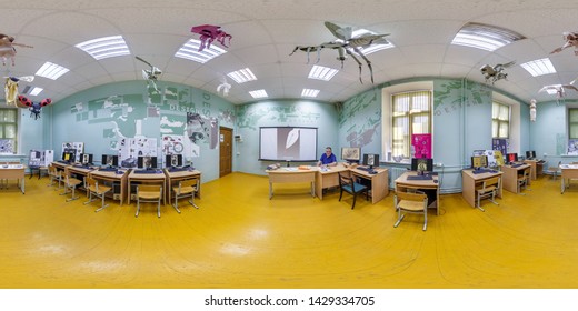 GRODNO, BELARUS - JUNE 2019: Full Seamless Spherical Hdri Panorama 360 Degrees Angle View In Interior Computer Class In University Design Office In Equirectangular Projection, VR Content