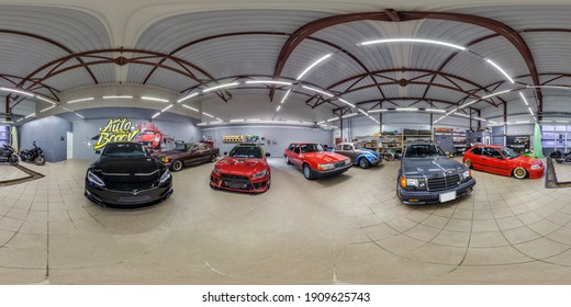 GRODNO, BELARUS -MARCH, 2019: full seamless spherical hdri panorama 360 degrees angle view of interior modern car center of repair polishing and accident recovery in equirectangular projection. vr  