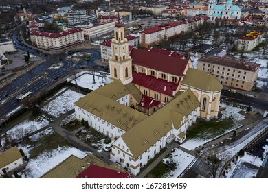 Grodno, Belarus- March 2020: Catholic Church Baroque In The City Center Aerial Photography. Snow In March