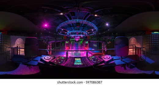GRODNO, BELARUS - MAY 12, 2013: Full 360 by 180 degrees angle equirectangular equidistant spherical panorama view in interior of stylish night club with neon. VR with mirror ball and neon light