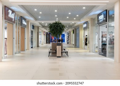 Grodno, Belarus May 20, 2021: Empty Corridors Of The Shopping Center. Absence Of Clients Due To The Threat Of Infection With The Covid19 Virus. The Trade Crisis. Interior Design Mall Center.