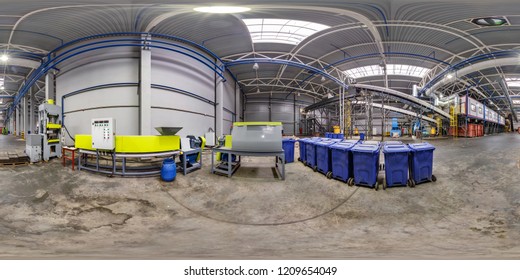 GRODNO, BELARUS - MAY 2017: full seamless panorama 360 angle view in interior of modern waste recycling processing plant in equirectangular projection. Storage of waste for further disposal.