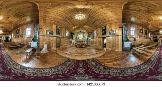 GRODNO, BELARUS - MAY, 2019: Full seamless spherical hdr panorama 360 in interior beautiful wooden catholic Church with icons on the walls in equirectangular projection. Photorealistic VR content