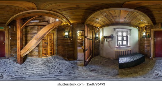 GRODNO, BELARUS - MAY 2019: Full spherical seamless hdri panorama 360 degrees inside interior of old medieval hallway in wooden rustic house with stairs in equirectangular projection, VR AR content
