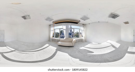 GRODNO, BELARUS - MAY, 2020: Full Spherical Seamless Hdri Panorama 360 Degrees In Interior Of Empty Daylight Photo Studio With Panoramic Windows Without Furniture In Equirectangular Projection, VR 