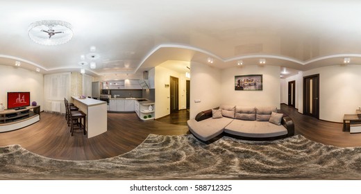 GRODNO, BELARUS - NOVEMBER 12, 2012: Full spherical 360 degrees view panorama in equirectangular equidistant projection, seamless panorama of guest hall interior loft grey  style design, VR content