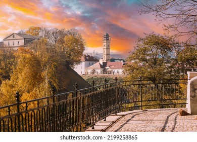 Grodno, Belarus. Scenic View Of Fire Lookout Tower, Fire Watch Tower Or Lookout Tower At Zamkovaya Street In Sunset Or Sunrise Time. Architectural Monument Of 20th Century. Popular Tourist Attraction.