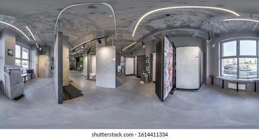 GRODNO, BELARUS - SEPTEMBER, 2019: Full spherical seamless hdri panorama 360 degrees angle inside interior modern ceramic tile and natural stone shop in equirectangular projection, VR AR content