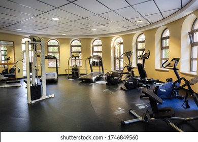 GRODNO,BELARUS - DECEMBER 2019: Empty Sports Hall. Interior Of A Small Fitness Gym. Fitness Hall With The Sport Bikes In It