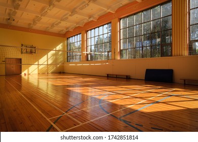 GRODNO,BELARUS - DECEMBER 2019:Empty School Gym On A Sunny Day. A Gymnasium Empty Light High Space