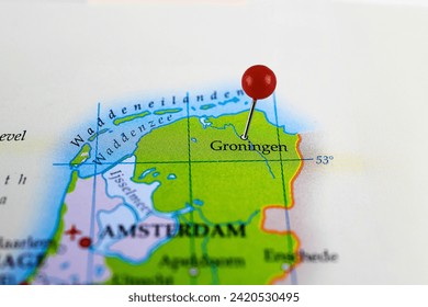 Groningen, Netherlands. Close-up of Groningen map with red pin on the map of Netherlands.