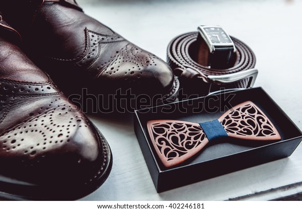 Groom Accessories Belt Wooden Butterfly Watches Stock Photo Edit
