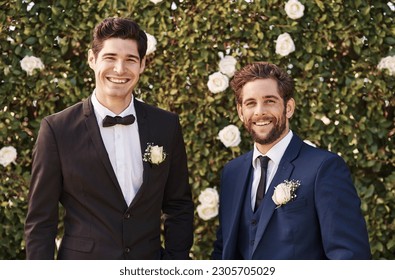 Groom, best man and wedding portrait outdoor with smile and happiness in nature. Happy men together in garden for formal celebration event with elegant clothes, suit and friends on green background