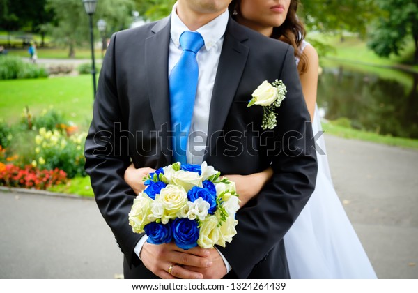 Groom Black Suit Blue Tie Standing Royalty Free Stock Image