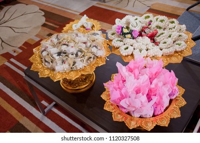 Groom And Bride Ceremony. Thai Followers (mali) With Gift For Guest For Thai Wedding Ceremony.