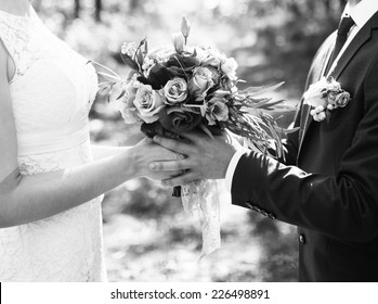 Groom And Bride Together. Wedding Couple. Black And White Photo