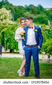 Groom In A Bright Blue Suit And Red Bow Tie On A Walk In A Summer Park