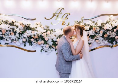 Groom In A Gray Suit And A Beautiful Tall Skinny Bride At The Ceremony, Photozone Banquet