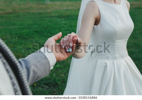 Groom Holding Beautiful Brides Hand Standing Stock Photo Edit Now