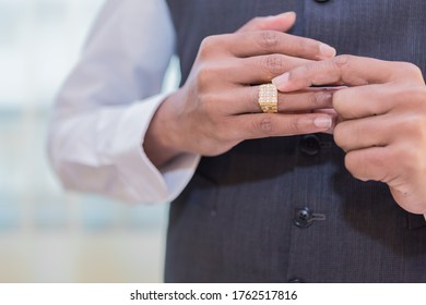 Groom Man Wearing Gold Diamond Ring Marriage