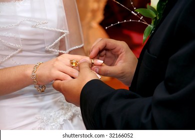 Groom Putting Wedding Ring on Bride`s Finger
