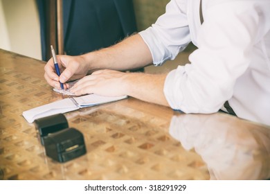 Groom Writing Speech, Selective Focus.